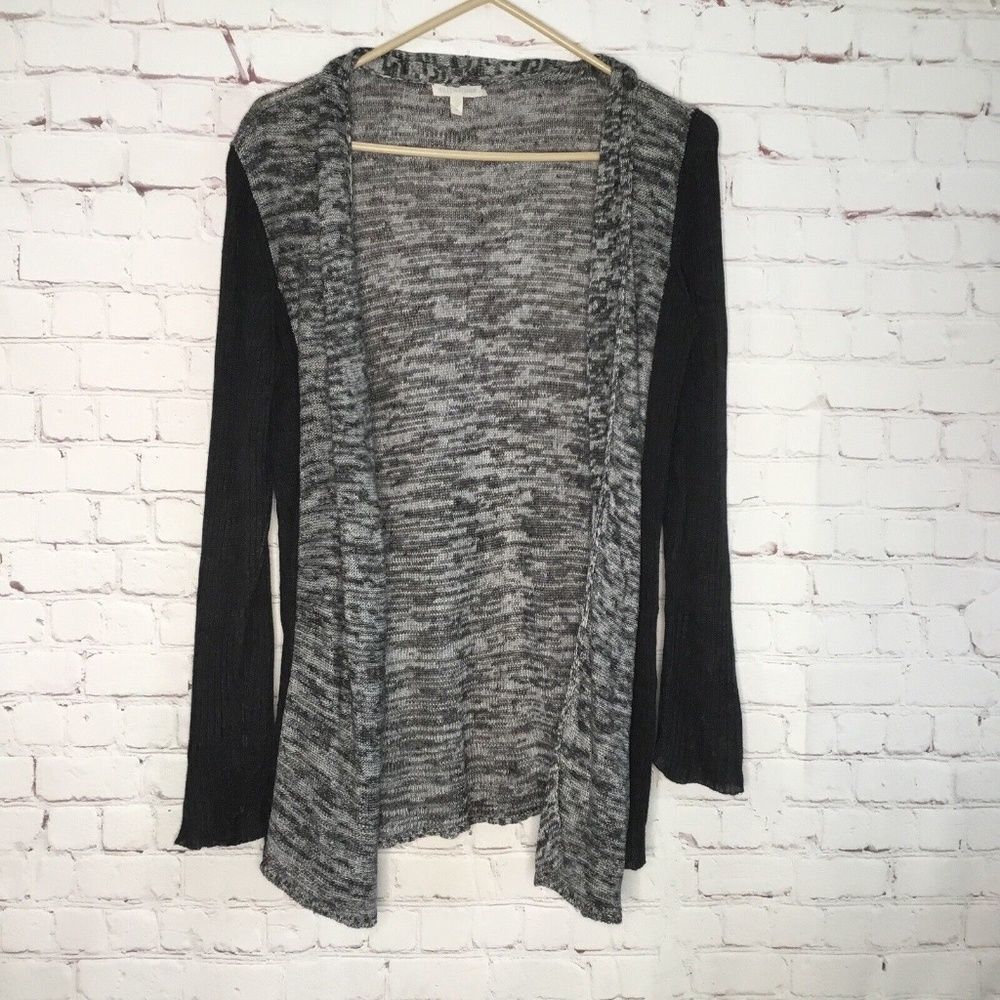 Eileen Fisher Gray/Black Knit Open Front Cardigan Women M China 100% Linen